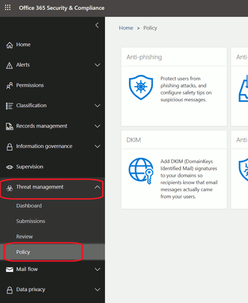 Office365 Threat Management Policy Option