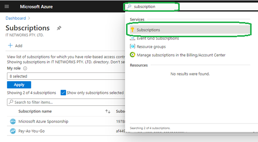 azure subscriptions search