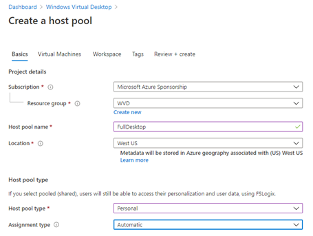 create host pool