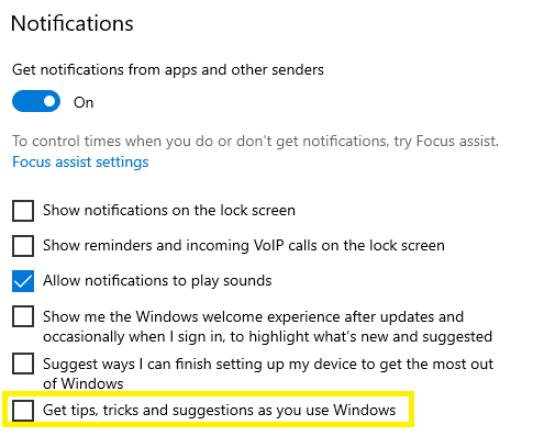 Improve Performance by disabling Windows 10 tips and tricks